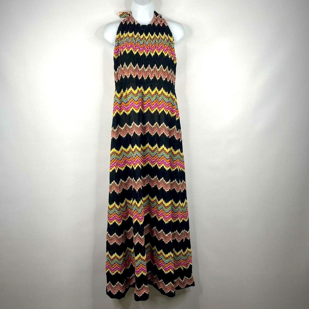 Vintage 70s Leslie J Maxi Halter Dress Size S Black Rainbow Knit Flame Stitch